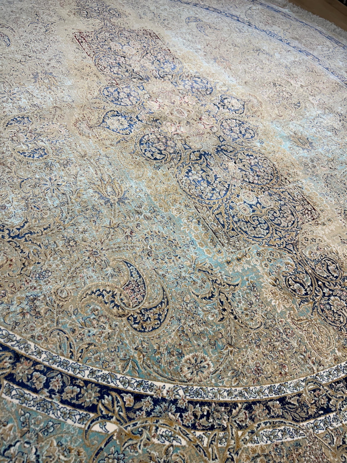 7x7 Ft Beige Blue Silk Rug, Distressed Pattern Medallion Carpet