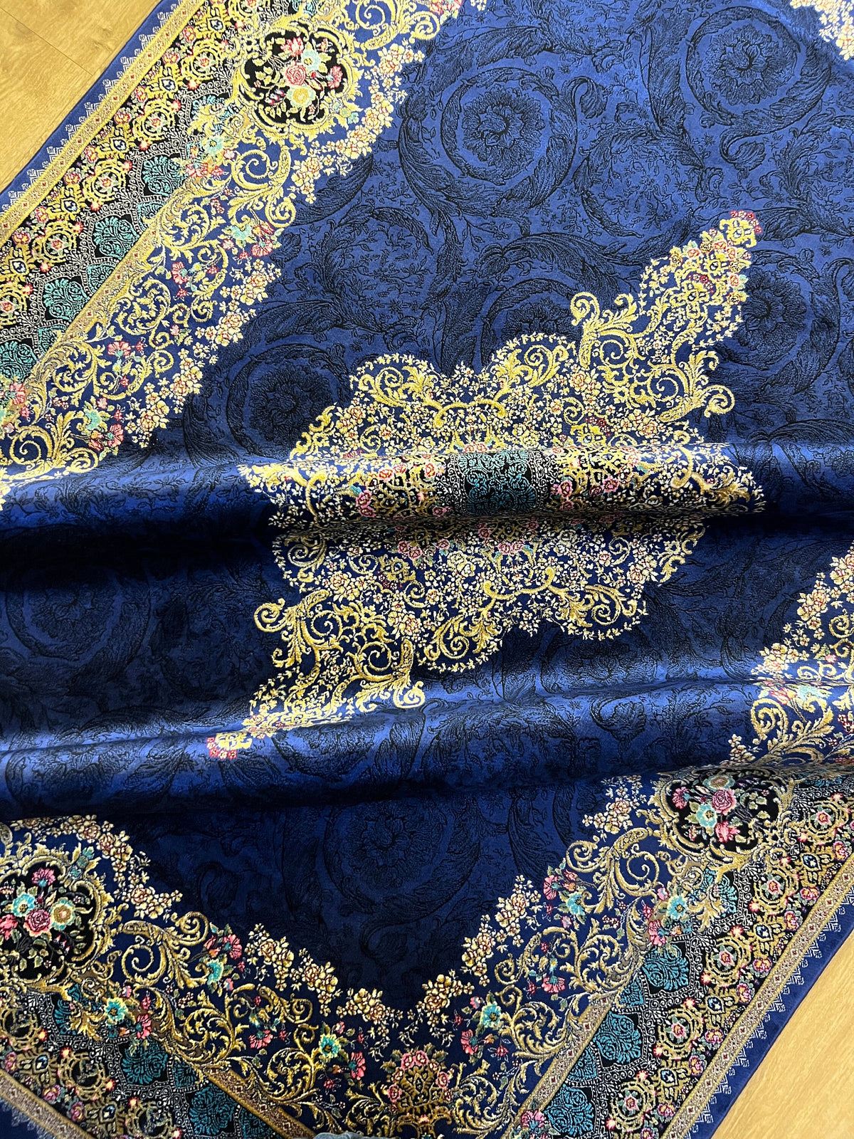 Navy Blue Silk Rug with Gold Floral Patterns, 4x6 ft, Classic Medallion Area Rug