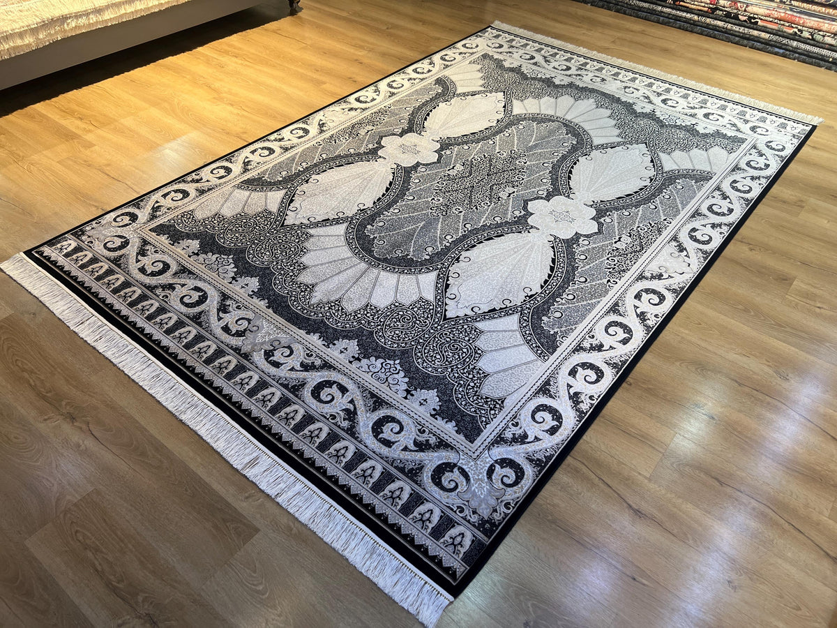 Black Silk Area Rug with Elegant Classic Motifs, Oversize Rug