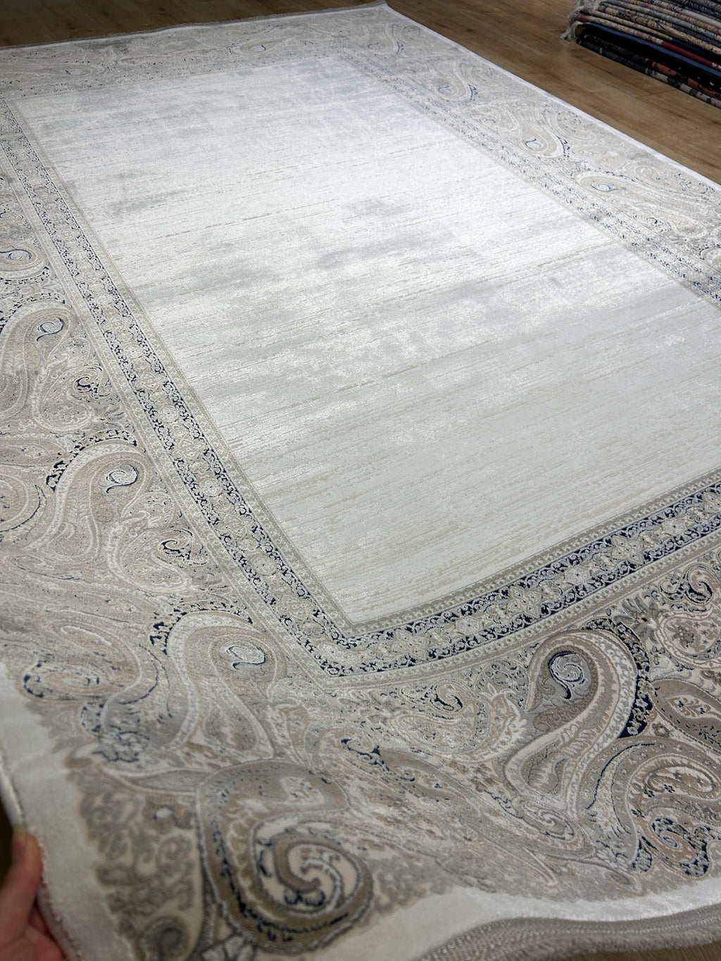 Cream Background Bamboo Rug with Beige Gray Navy Blue Border Design, Classic Home Decor