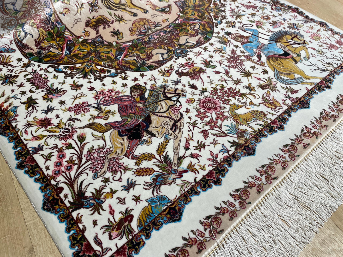 Ivory Decorative Silk Tapestry Rug With Art Motifs, Floral Design