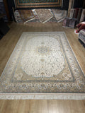 Ivort Silk Rug, Blue Beige Medallion Classic Luxury Turkish Carpet