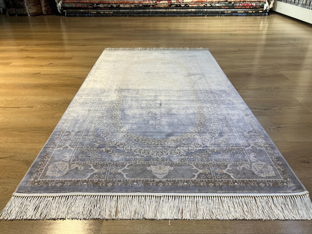 Gray Gold Medallion Silk Rug, 3x5 ft, Classic Luxury Small Area Rug
