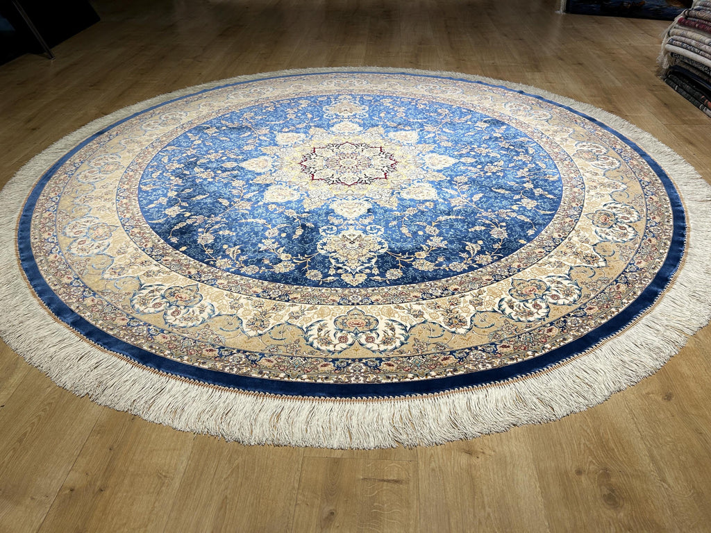 7x7 Ft Round Blue Beige Silk Rug, Classic Medallion Design Carpet
