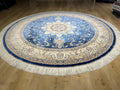 7x7 Ft Round Blue Beige Silk Rug, Classic Medallion Design Carpet
