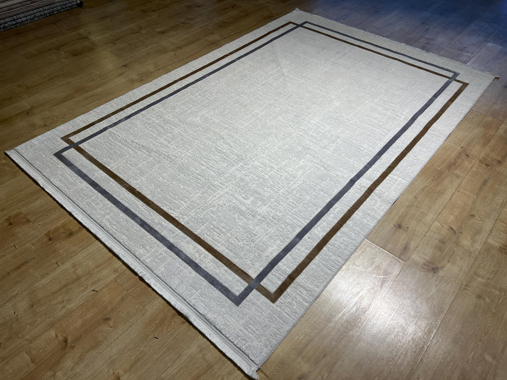 5x8 Ft Cream Bamboo Rug with Gray Gold Border, Modern Style