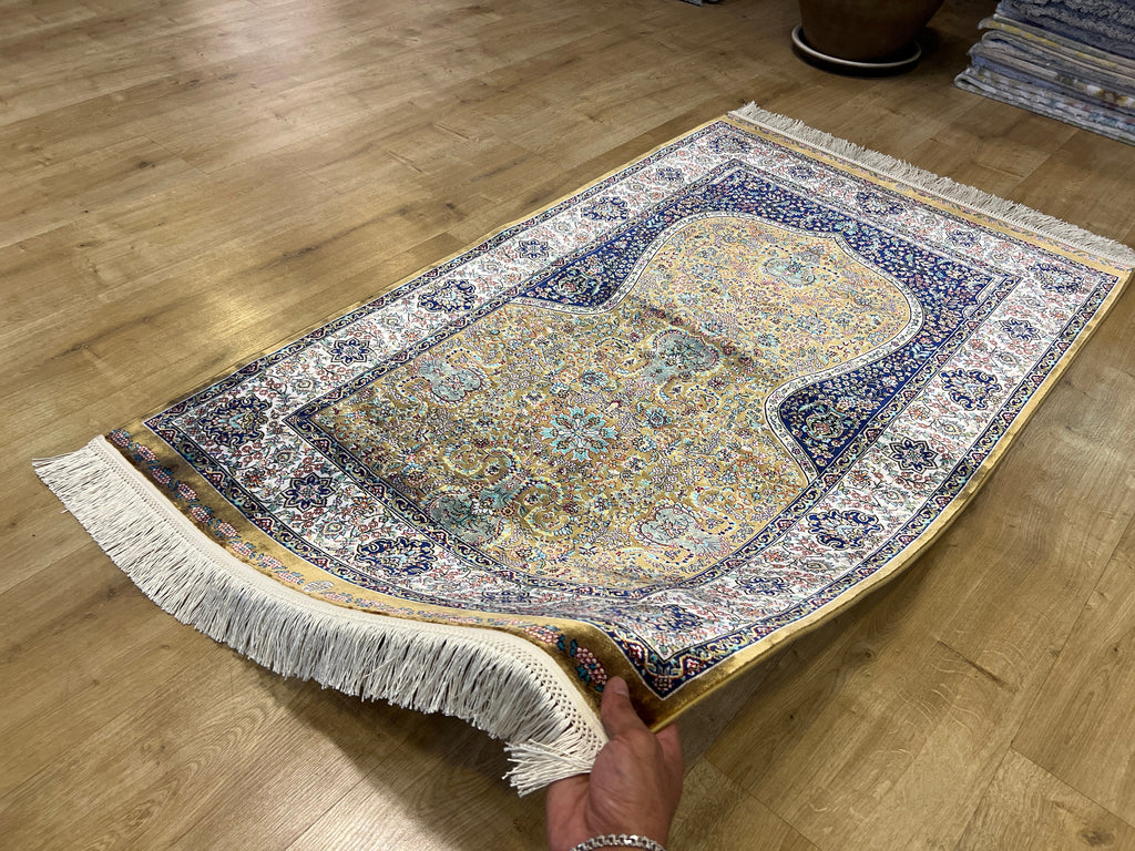 Gold Blue Silk Prayer Rug, Janamaz Mat, Muslim Gift Mat (2.62 X 4.10)