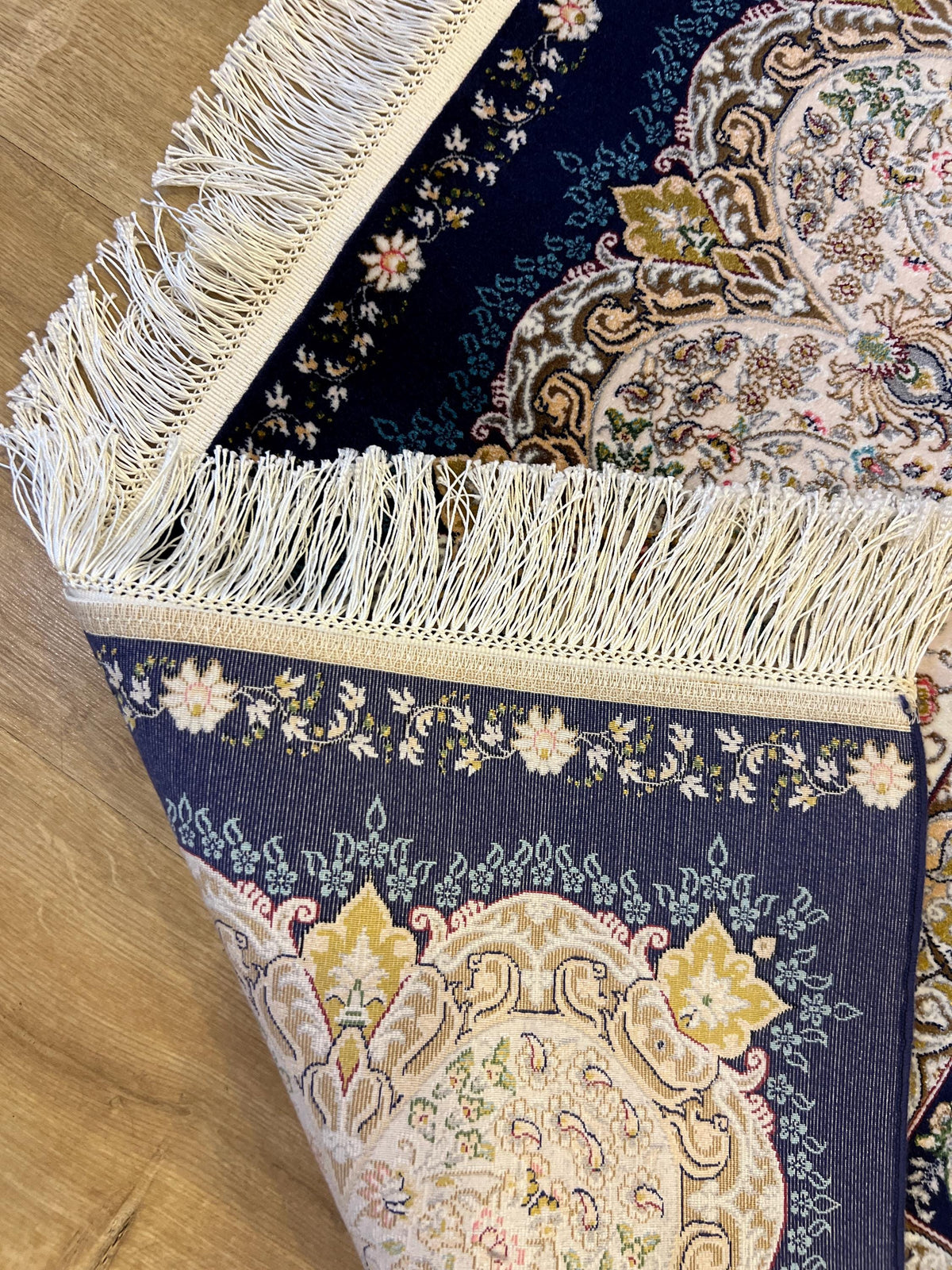Navy Blue Modal Silk Turkish Carpet, 7x10 ft, Medallion Pattern Rug
