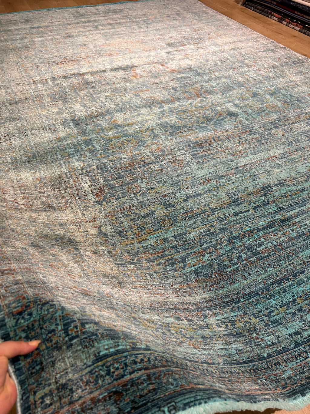 7x10 ft Turquoise Bamboo Rug, Distressed Pattern, Modern Rug