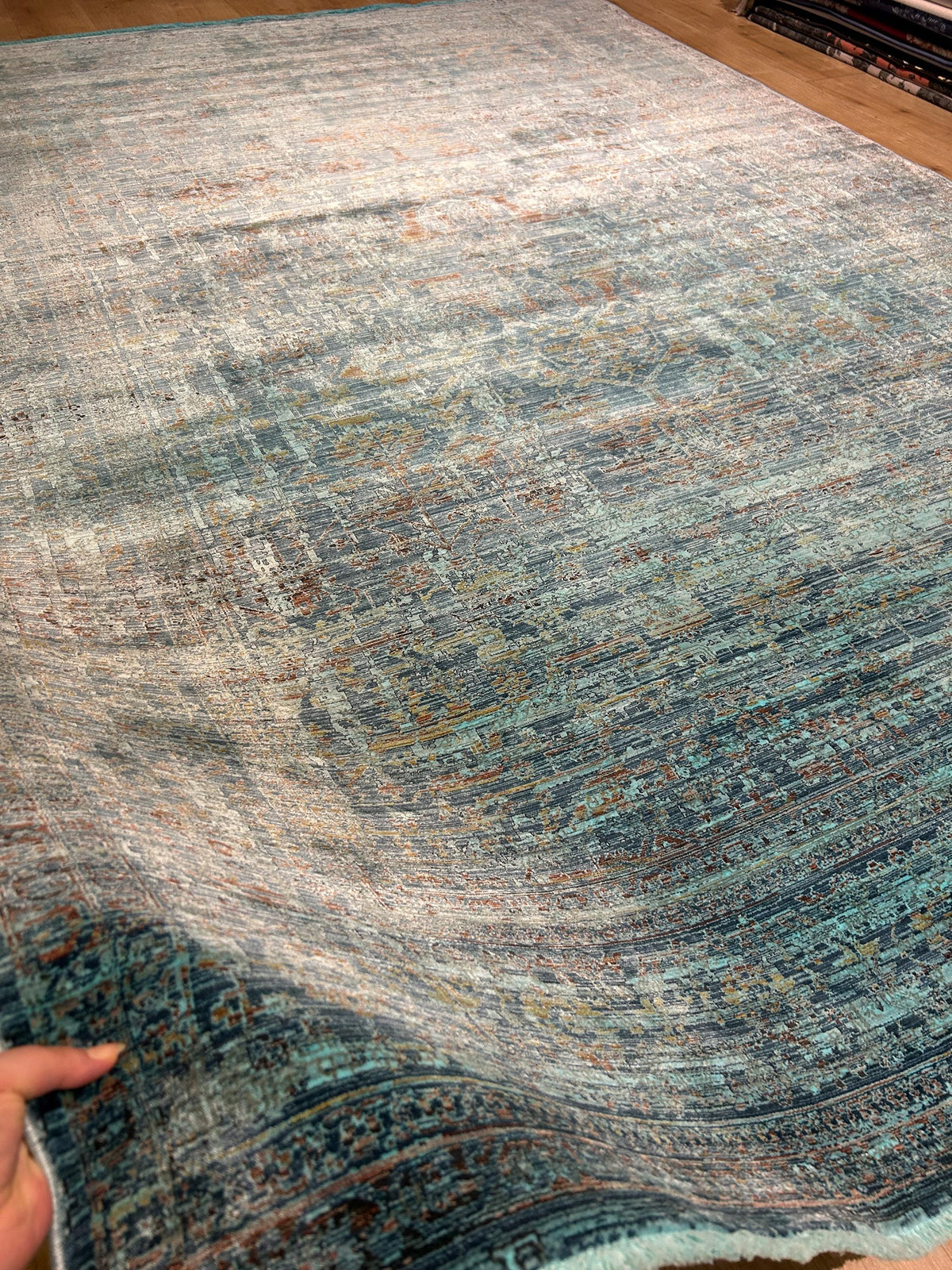 7x10 ft Turquoise Bamboo Rug, Distressed Pattern, Modern Rug