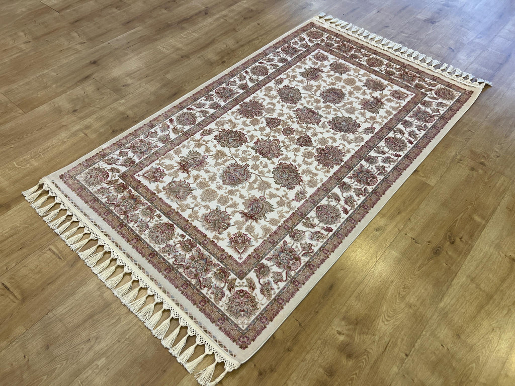 Ivory Silk Bamboo Rug with Gold Pattern and Framed Border, 3x5 ft, Classic Rug