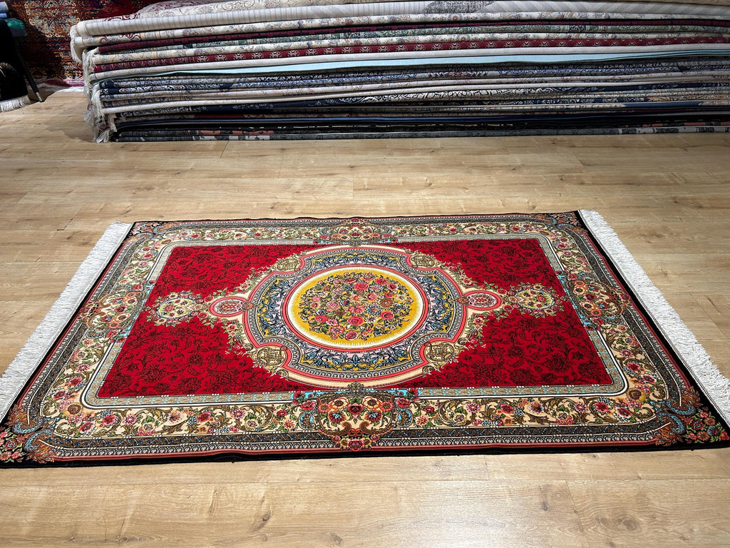 Red Silk Rug, Floral Medallion Design, Classic Silk Carpet