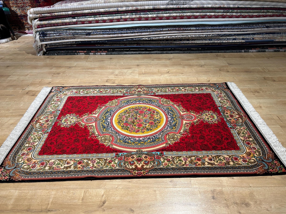 Red Silk Rug, Floral Medallion Design, Classic Silk Carpet