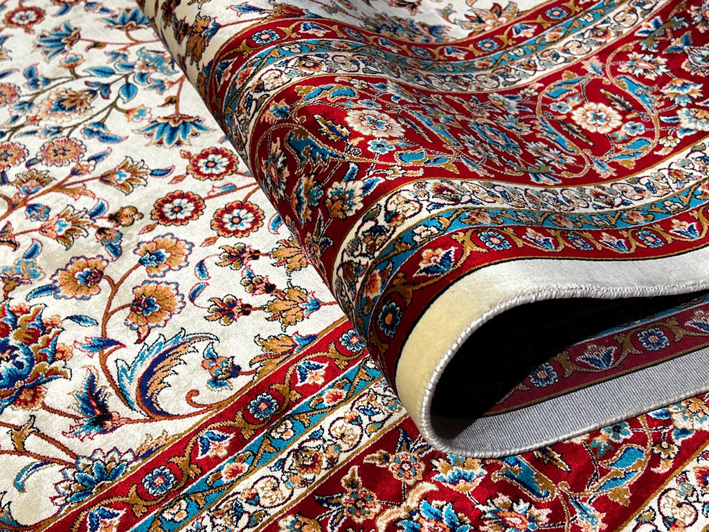 Floral Design Ivory Silk Carpet, Red Border Silk Rug, Home Decor