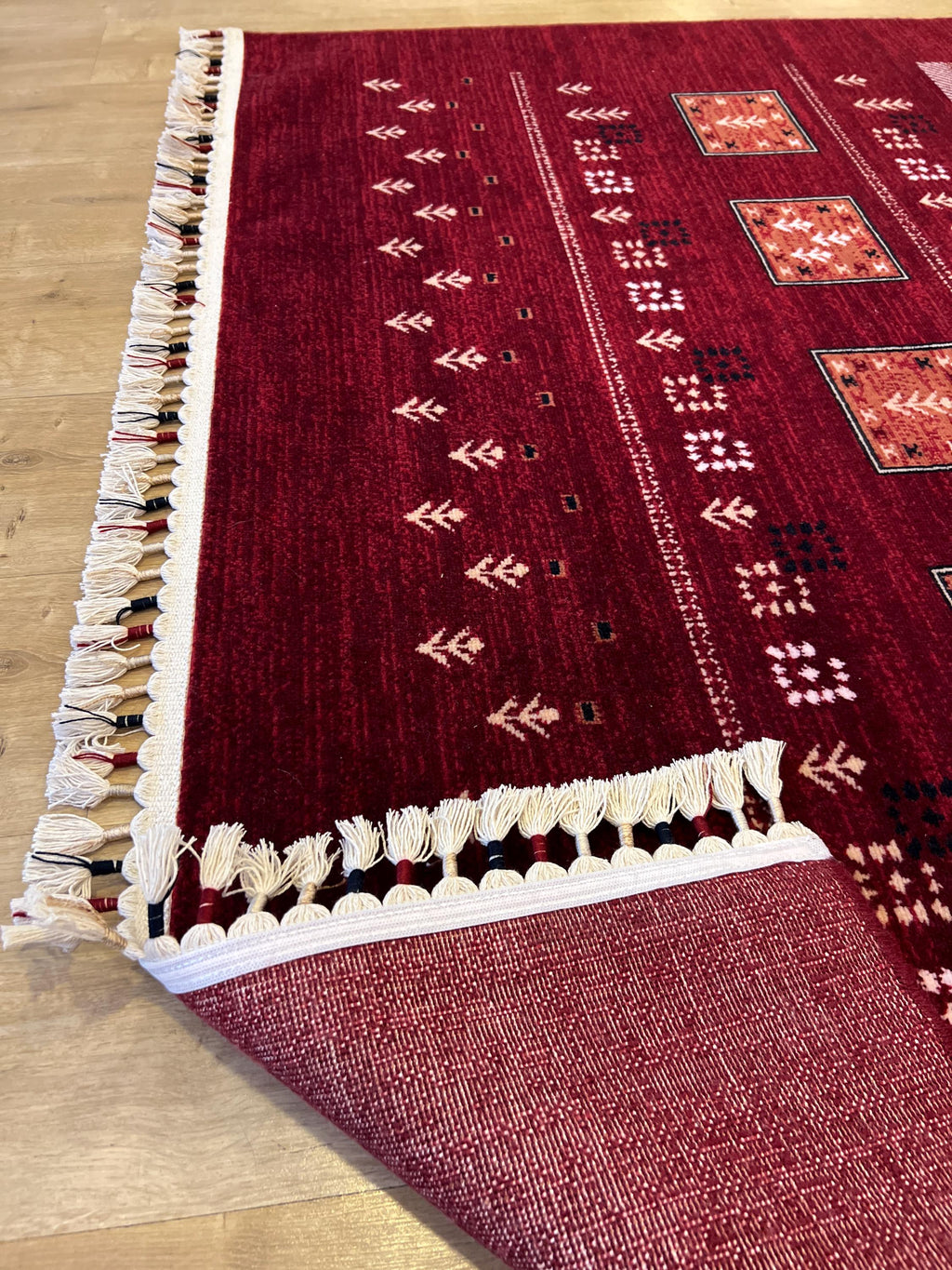 5x8 ft Red Wool Area Rug, Tree of Life Design, Ethnic Geometric Traditional Decor
