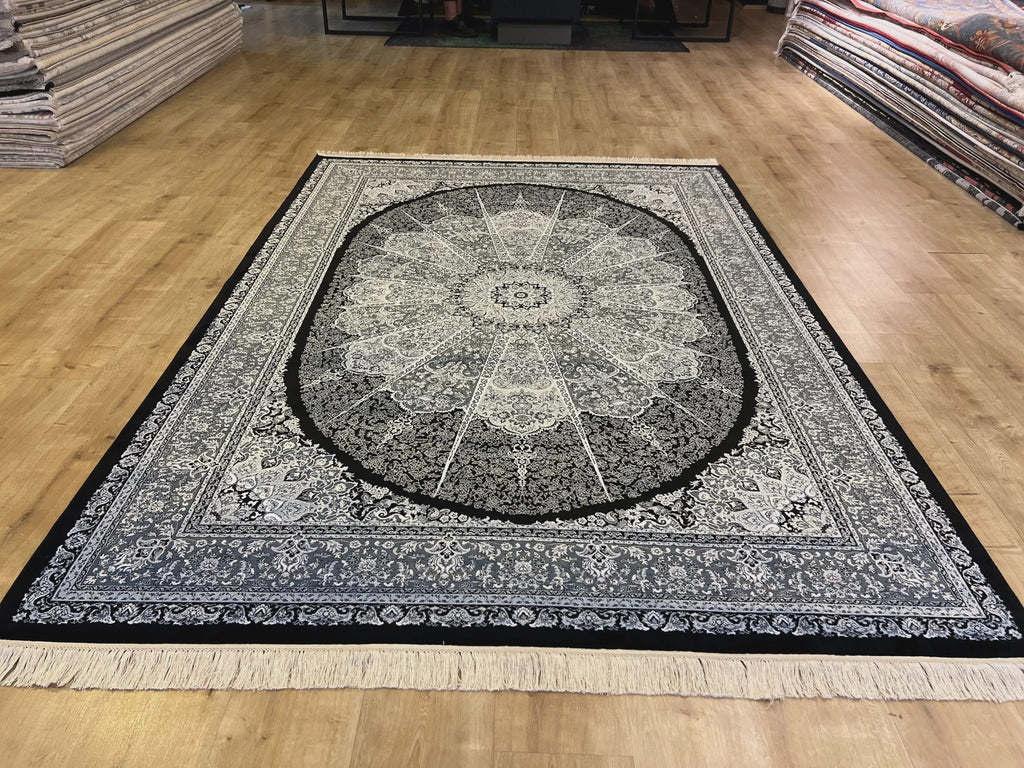 5x8 ft Black Silk Rug, Gray Medallion, Classic Turkish Style, Luxury Carpet