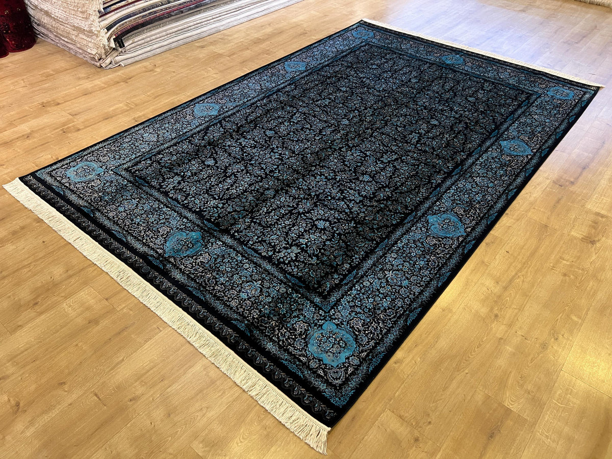 7x10 ft Elegant Silk Rug, Black Ground with Refined Blue Motifs