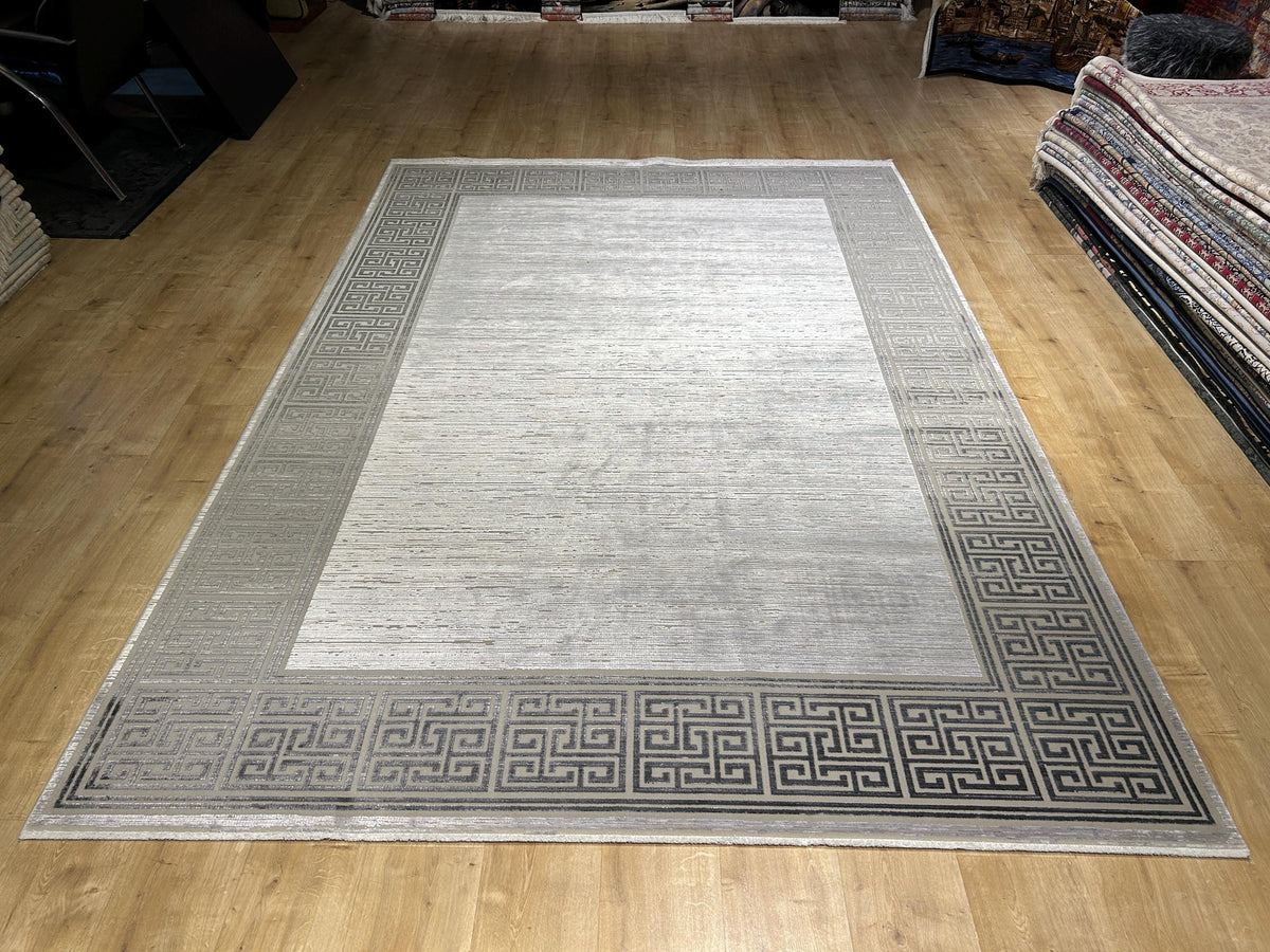 7x10 ft Gray Bamboo Rug, Bordered Minimalist Modern Rug