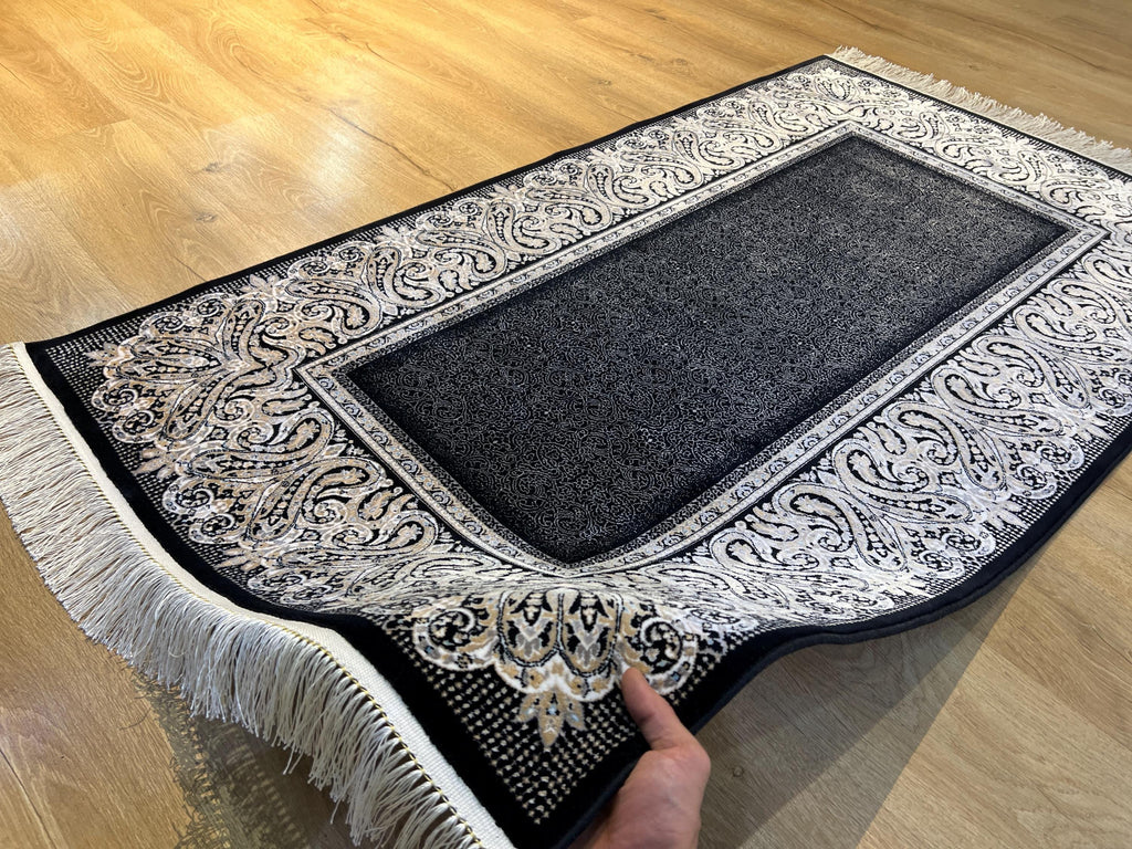 Black Silk Rug with Framed Border, 3x5 ft, Classic Luxury Small Rug
