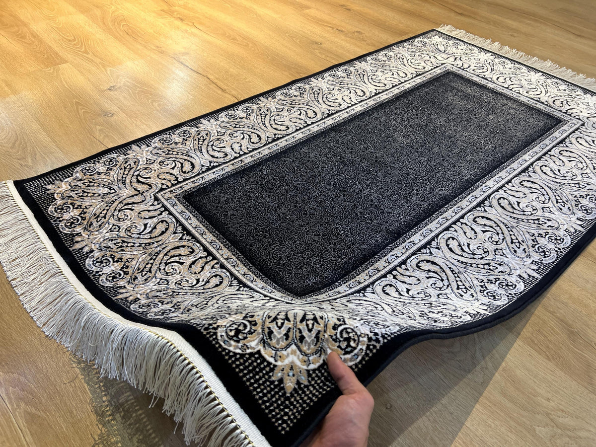 Black Silk Rug with Framed Border, 3x5 ft, Classic Luxury Small Rug