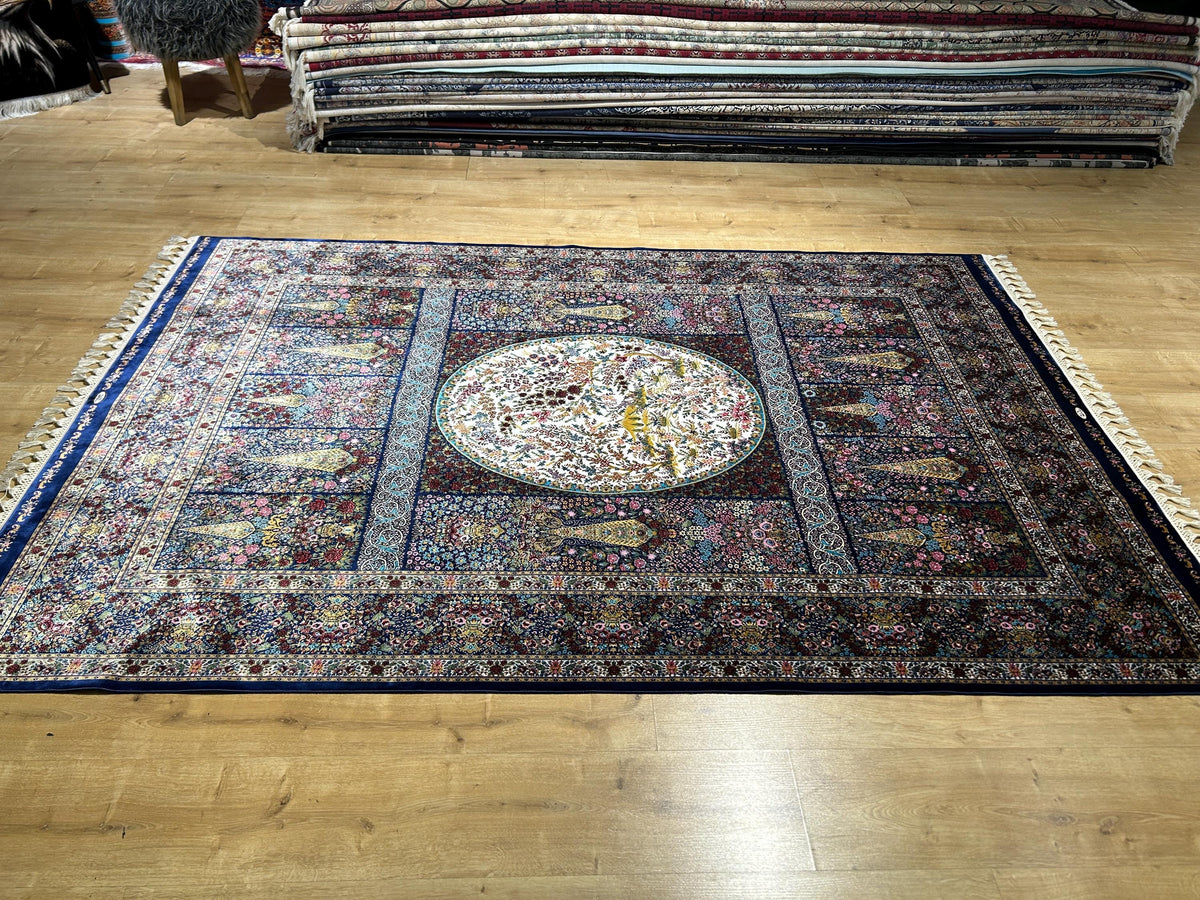 5x8 ft Navy Blue Silk Rug, Tree and Floral Design Carpet, Luxury Home Decor