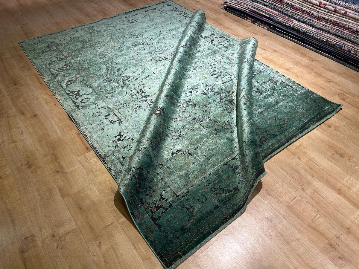 7x10 ft Green Bamboo Rug, Distressed Pattern Vintage Area Rug, Luxury Home Decor