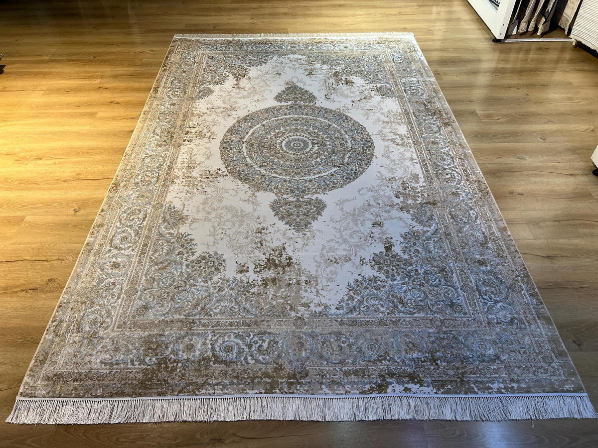7x10 ft Cream Silk Rug with Beige Medallion and Border, Antique Style
