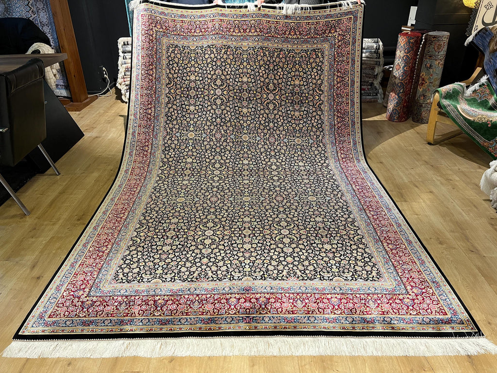 7x10 Ft Black Silk Rug With Red Border, Traditional Floral Classic Design