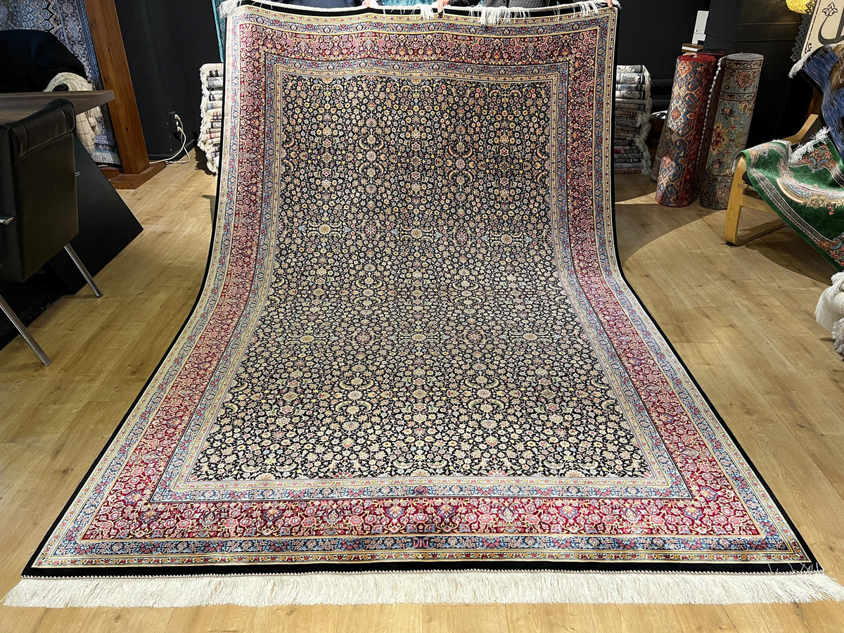 7x10 Ft Black Silk Rug With Red Border, Traditional Floral Classic Design