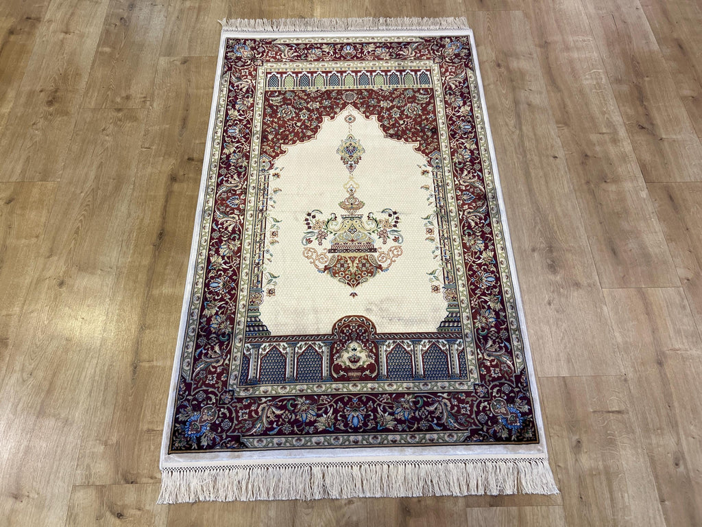 Silk Prayer Rug, Red Cream Muslim Gift Mat, Janamaz Rug 2.62x4.10 ft
