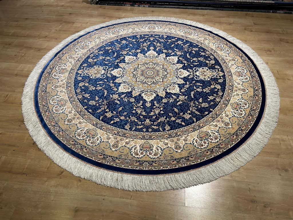 7x7 Ft Round Blue Beige Silk Rug, Classic Medallion Design Carpet