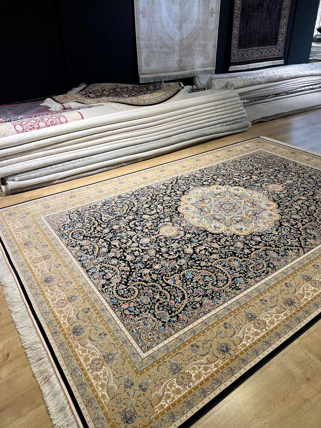 7x10ft Dark Blue Floral Silk Rug, Classic Medallion Oriental Area Rug, Living Room Carpet