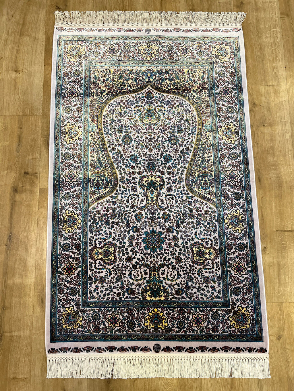 2.62X4.10 ft Ivory Silk Prayer Rug, Green Gold Floral Design, Muslim Prayer Mat