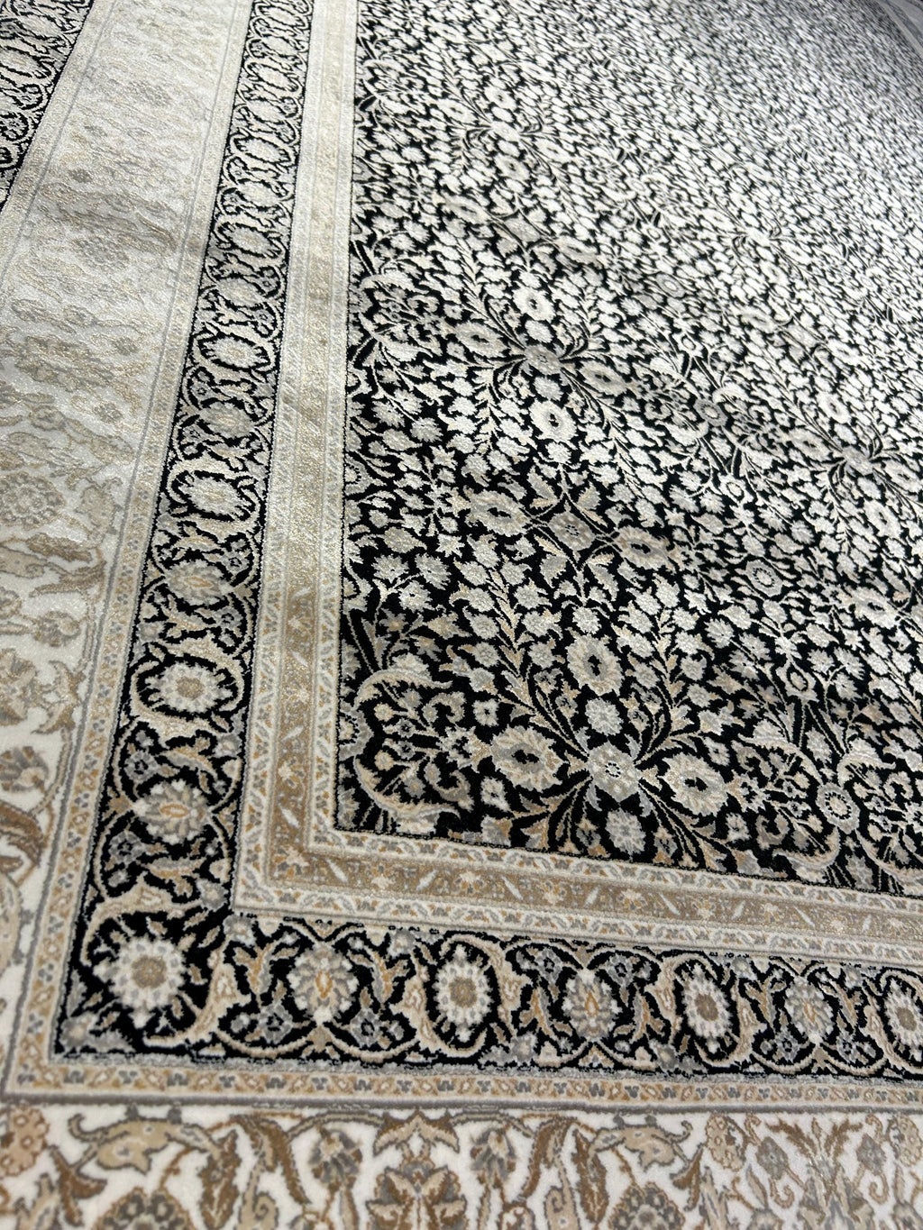 Black Silk Rug with Beige Floral Pattern, Classic Turkish Rug