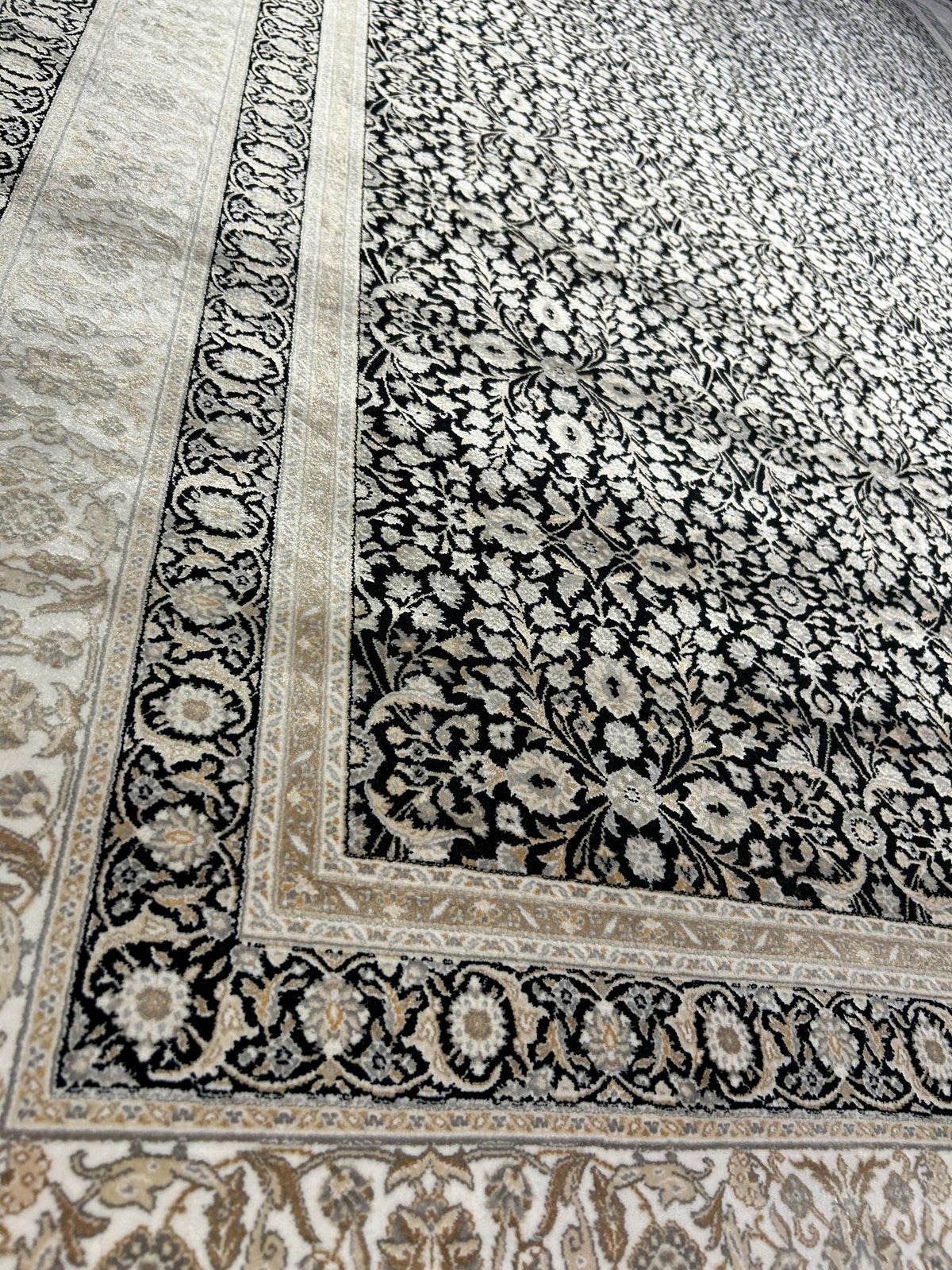 Black Silk Rug with Beige Floral Pattern, Classic Turkish Rug