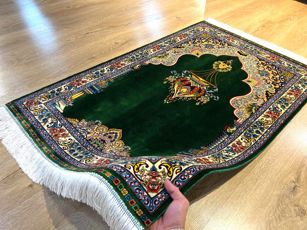 Green Modal Silk Prayer Rug, Luxury Muslim Gift Mat (2.62X4.10 ft) Janamaz Mat