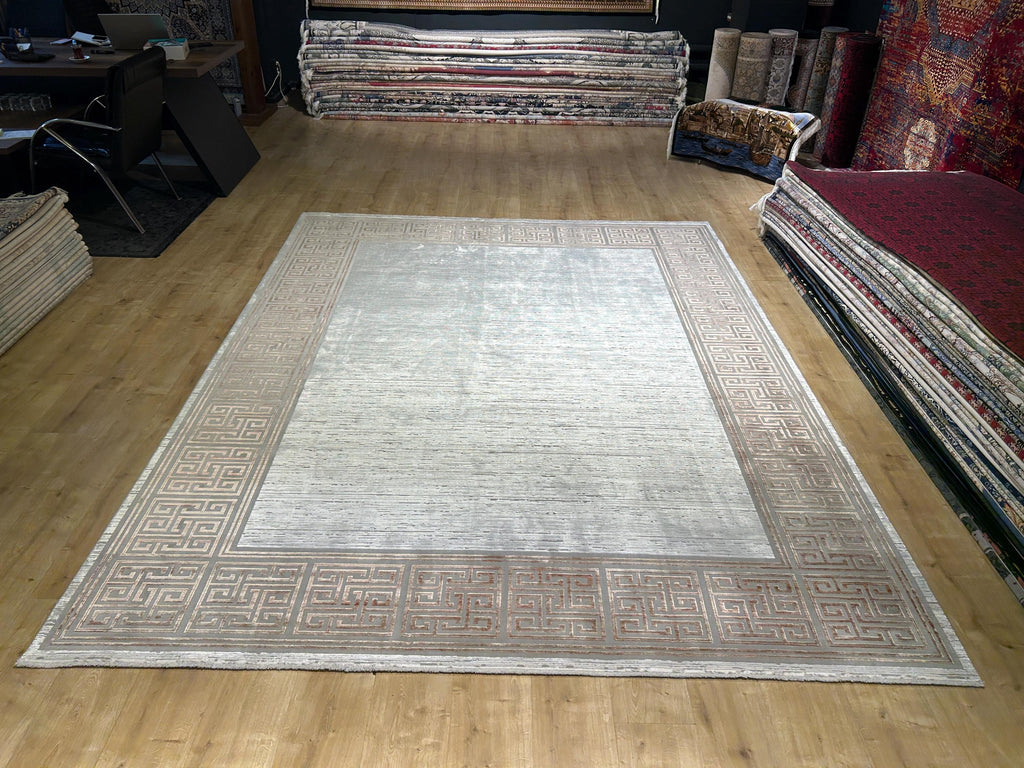 8x10 ft Brick Colour Gray Cream Bamboo Rug, Bordered Minimalist Modern Rug
