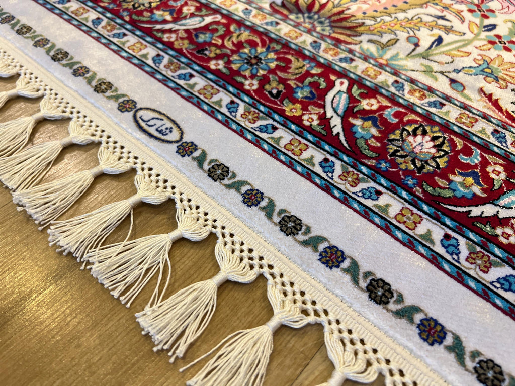 2.62X4.10 ft Ivory Red Silk Prayer Rug, Luxury Muslim Janamaz Mat