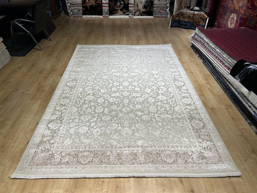 Beige Silk Rug, Classic Silk Carpet with Floral Pattern