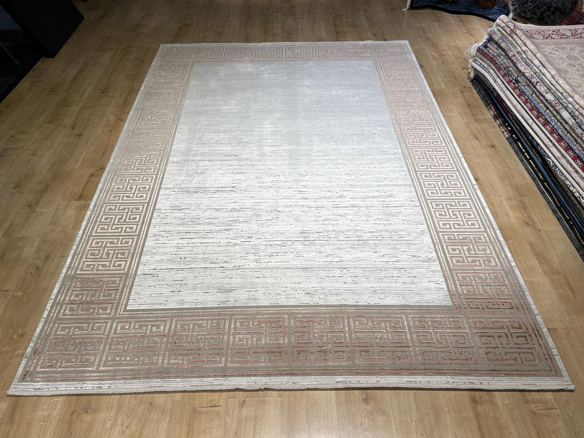 7x10 ft Brick Colour Gray Cream Bamboo Rug, Bordered Minimalist Modern Rug