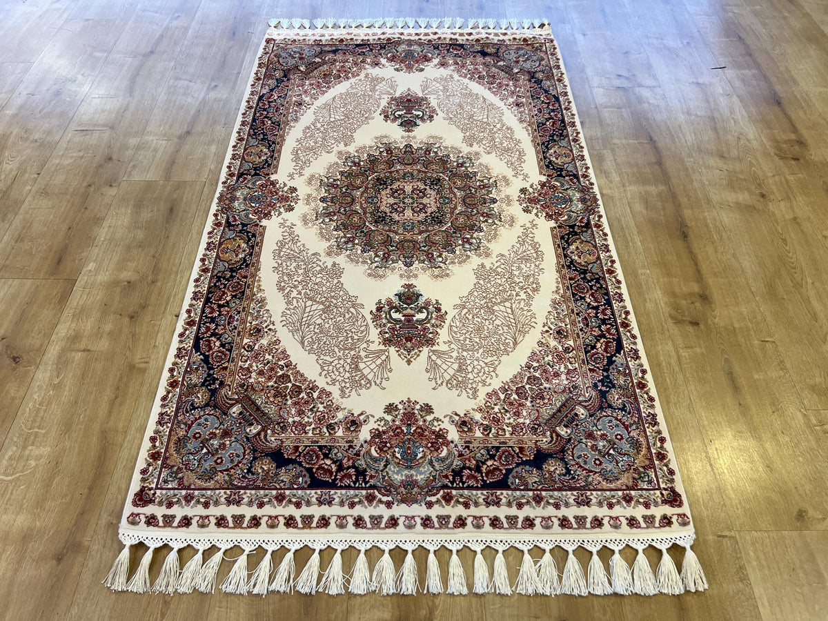 Ivory Silk Rug with Navy Blue Border and Medallion, 3x5 ft, Classic Small Rug