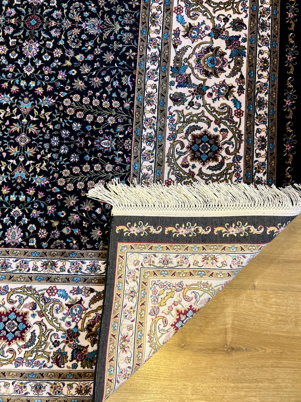 Black Modal Silk Rug 8x11 ft, Traditional Turkish Palace Design