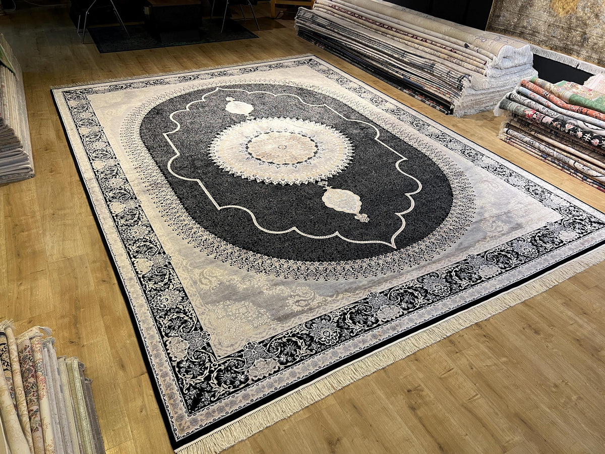 10x13 ft Black Classic Medallion Silk Rug with Gold Motifs, Big Silk Carpet