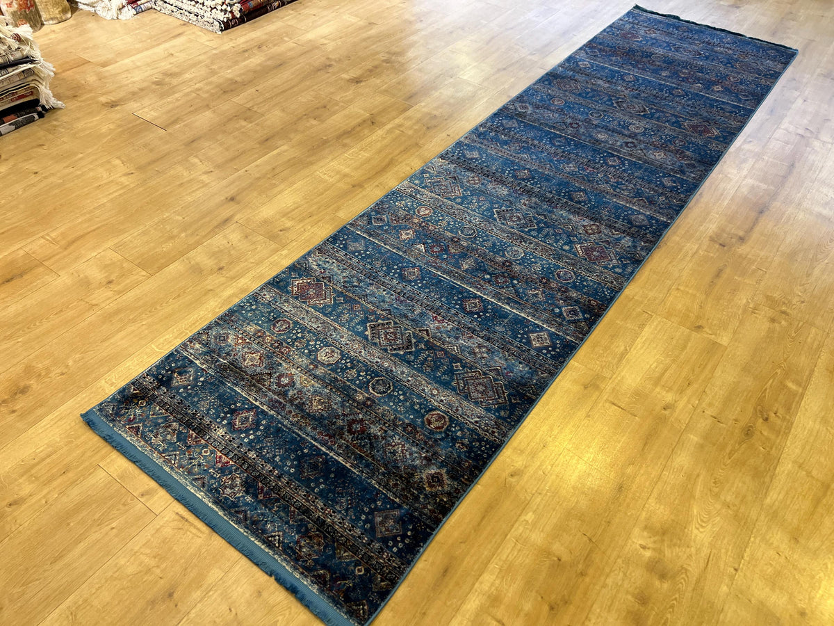 Blue Ethnic Pattern Bamboo Runner Rug, 3x10 ft, Modern Hallway Rug