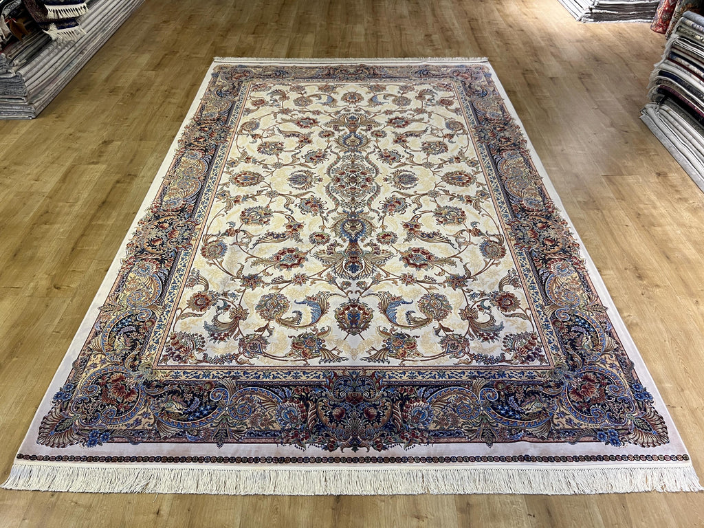 7x10 ft Ivory Silk Rug, Navy Border Classic Turkish Style, Oversize Rug