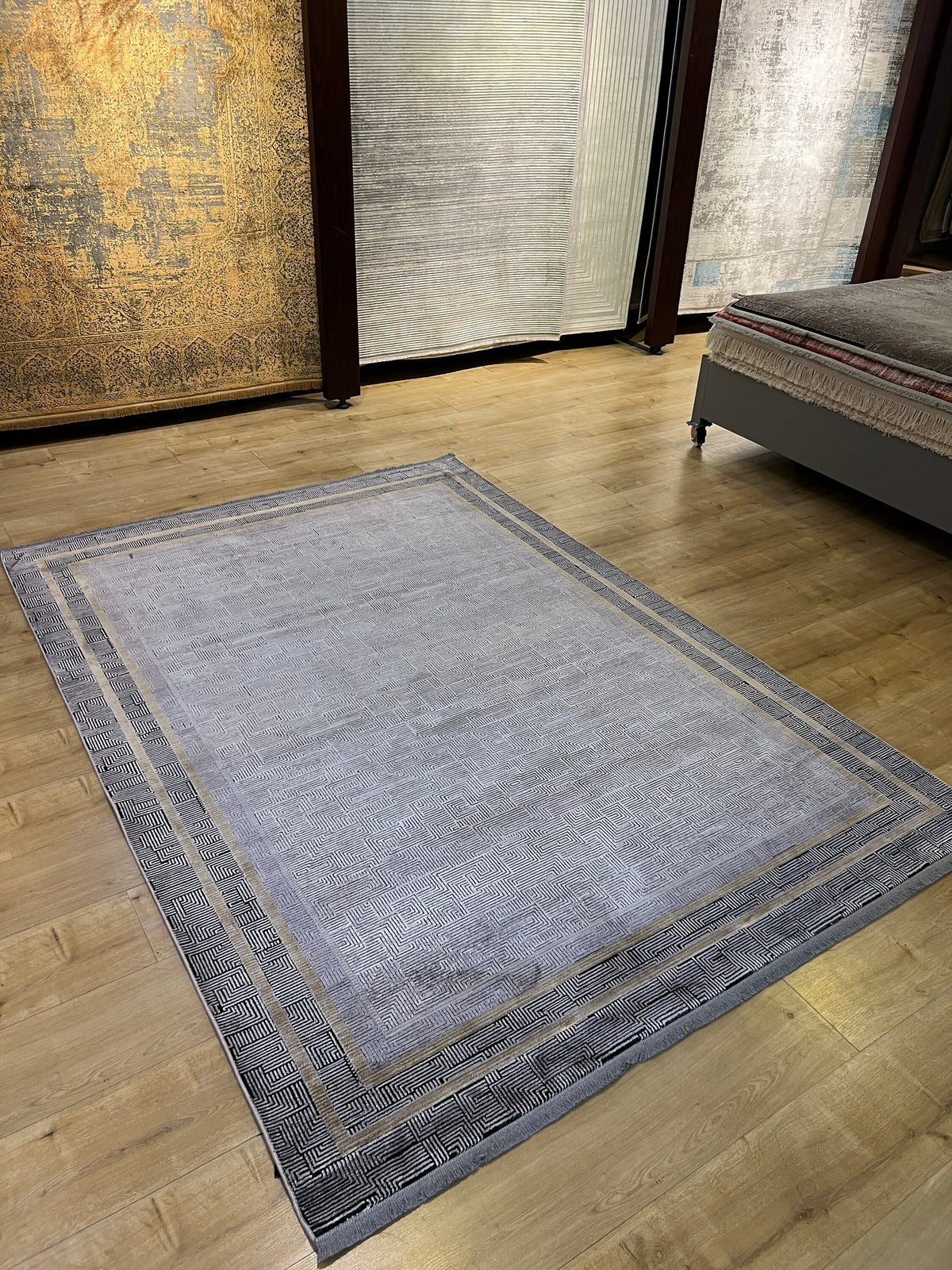 Geometric Pattern Bamboo Rug, Dark Gray, Turkish Carpet