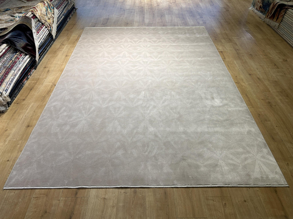 7x10 ft Ivory Cream Bamboo Rug, Geometric Striped Modern Area Rug