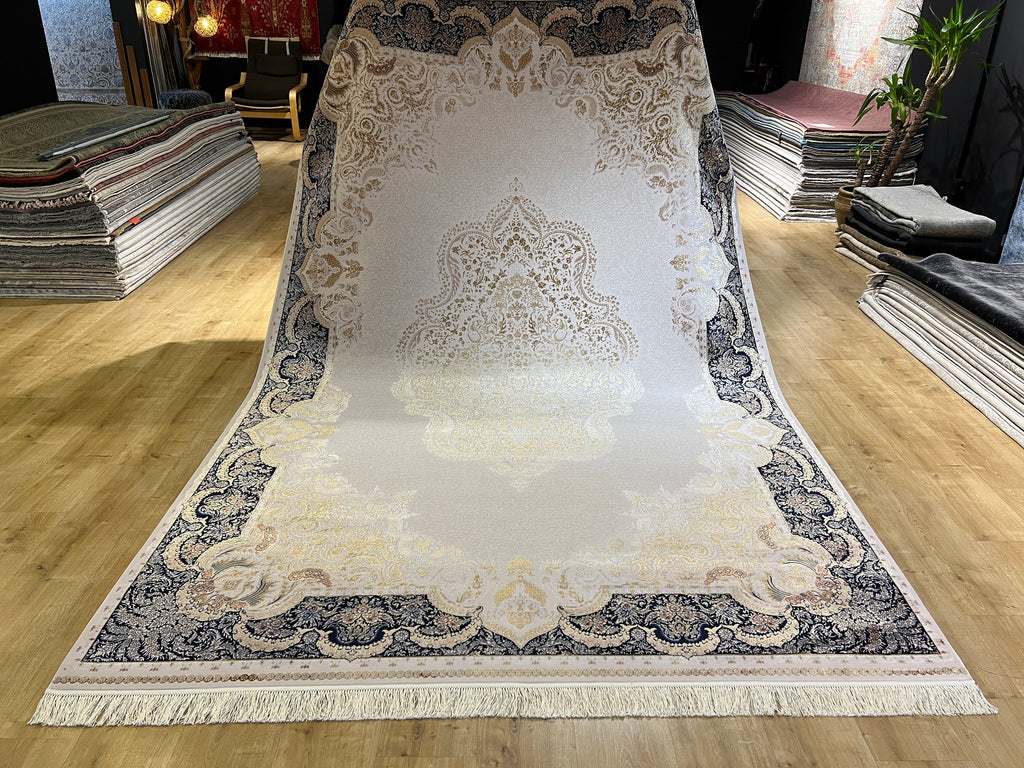 7x10 ft Modal Silk Turkish Rug, Gold & Blue Carpet
