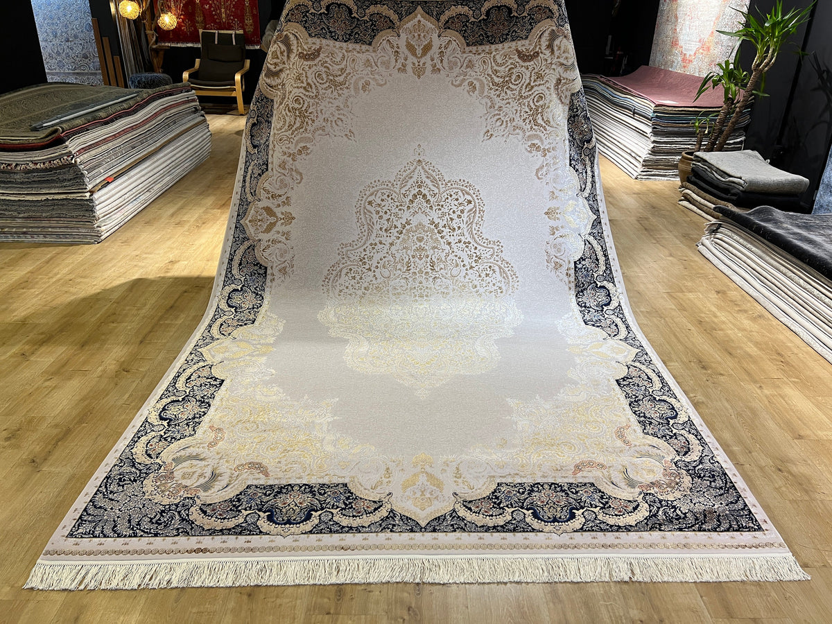 7x10 ft Modal Silk Turkish Rug, Gold & Blue Carpet