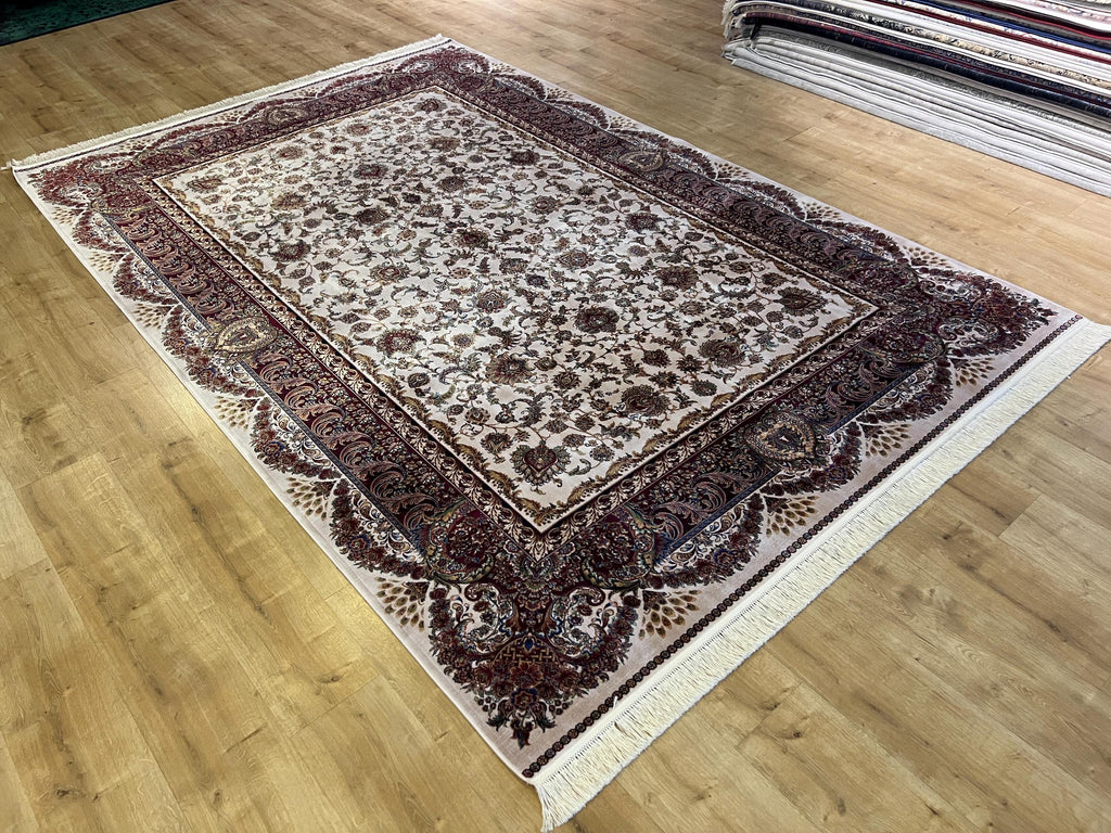 7x10 ft Ivory Silk Rug, Gold Floral and Red Border Silk Carpet, Classic Design